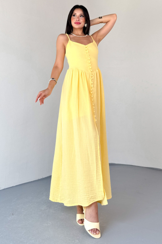 ELB-01802 Sarı Askılı Kaplama Düğmeli Gipeli Müslin Elbise 