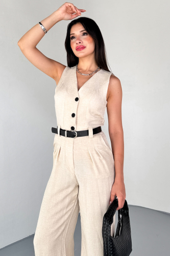 ELB-01806 Taş Rengi Düğme Detaylı Keten Kemerli Yazlık Tulum - 4