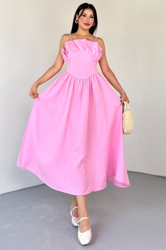 ELB-01807 Pembe Ön Piliseli Büstiyerli Müslin Kumaş Askılı Elbise 