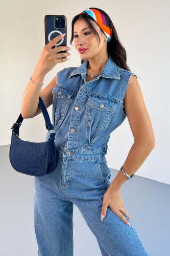 ELB-01809 Mavi Ayarlanabilir Bel Detaylı Denim Sıfır Kol Tulum - 8