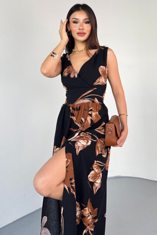 ELB-01817 Siyah Kahverengi Tropikal Yaprak Desenli V Yaka Dokuma Elbise - 5