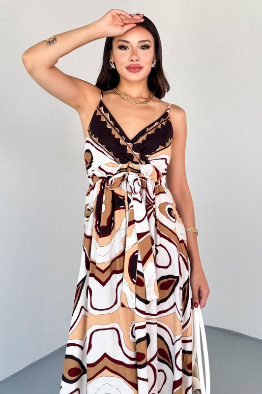 ELB-01818 Vizon Retro Desenli Askılı Dokuma Yazlık Elbise - 2