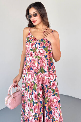 ELB-01823 Pembe Ayarlanabilir Askılı Çiçek Desenli Pamuklu Viskon Elbise - 2