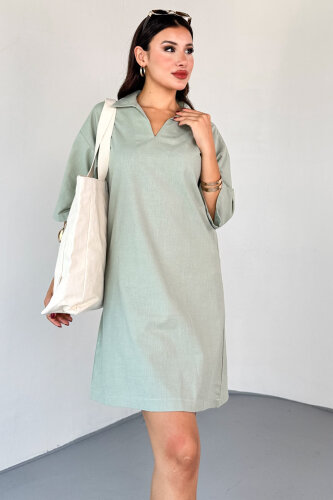 ELB-01826 Mint Yeşili Keten Polo Yaka V Kesim Günlük Elbise 