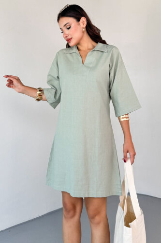 ELB-01826 Mint Yeşili Keten Polo Yaka V Kesim Günlük Elbise - 2