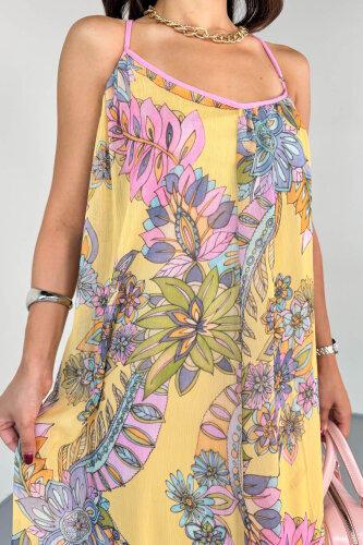 ELB-01827 Sarı Pastel Çiçek Desenli Şifon Astarlı Sırtı Çapraz Elbise - 4