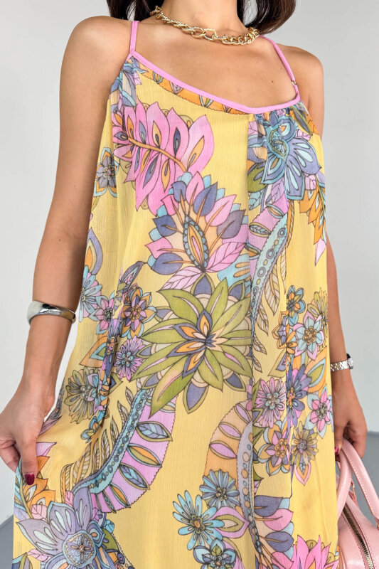 ELB-01827 Sarı Pastel Çiçek Desenli Şifon Astarlı Sırtı Çapraz Elbise - 4