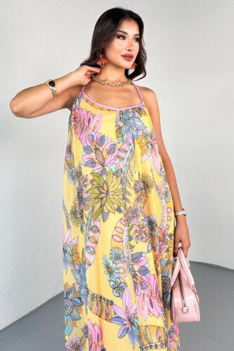 ELB-01827 Sarı Pastel Çiçek Desenli Şifon Astarlı Sırtı Çapraz Elbise - 2