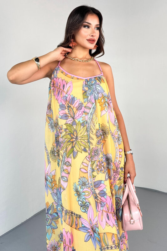 ELB-01827 Sarı Pastel Çiçek Desenli Şifon Astarlı Sırtı Çapraz Elbise - 2