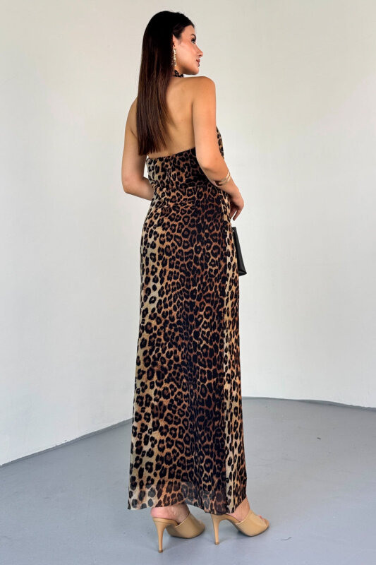 ELB-01829 Leopar Desenli Boyundan Bağlamalı Derin V Yaka Astarlı Şifon Elbise - 4