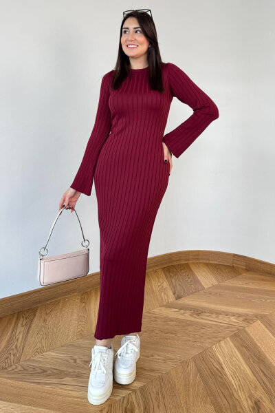 ELB-01835 Bordo Pelerin Kol Triko Elbise 