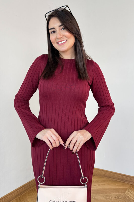 ELB-01835 Bordo Pelerin Kol Triko Elbise - 2