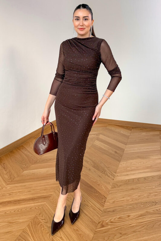 ELB-01837 Kahverengi Taşlı Tül Elbise - 1