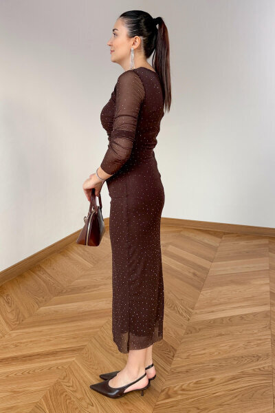ELB-01837 Kahverengi Taşlı Tül Elbise - Cappmoda (1)