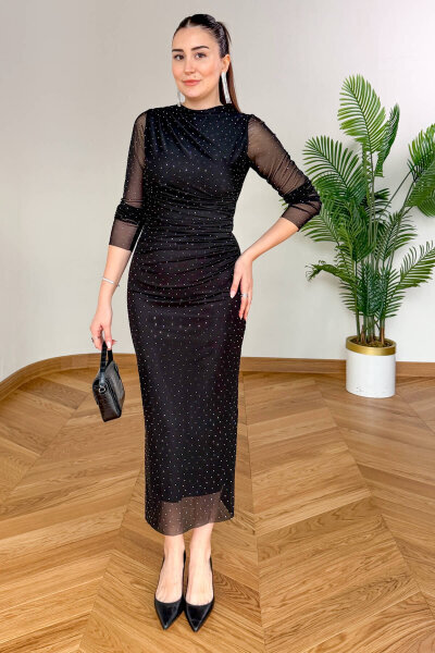 ELB-01837 Siyah Taşlı Tül Elbise 