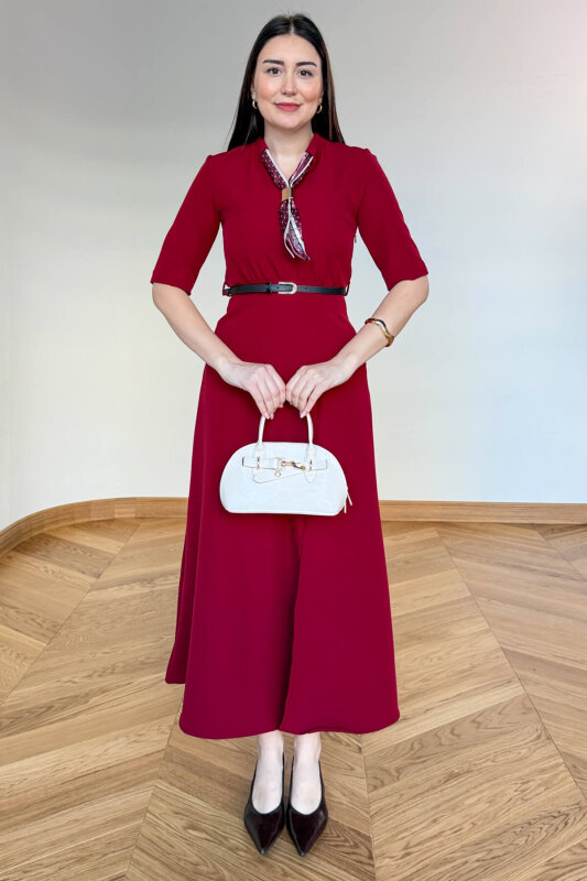 ELB-01838 Bordo Fular Yaka Kemerli Elbise - 1