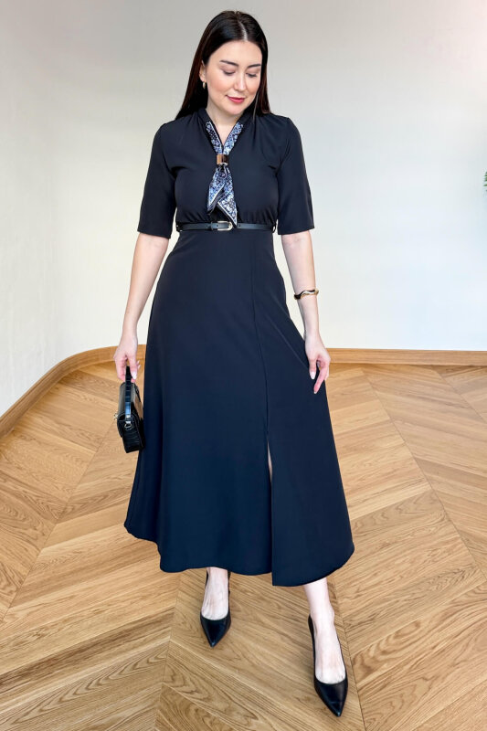 ELB-01838 Siyah Fular Yaka Kemerli Elbise - 3