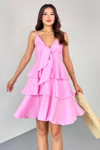 ELB-0566 Pembe Kat Kat Volanlı Ayarlanabilir Askılı Keten Elbise - 2