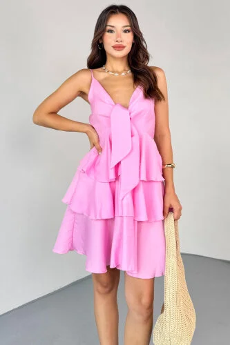 ELB-0566 Pembe Kat Kat Volanlı Ayarlanabilir Askılı Keten Elbise - 3