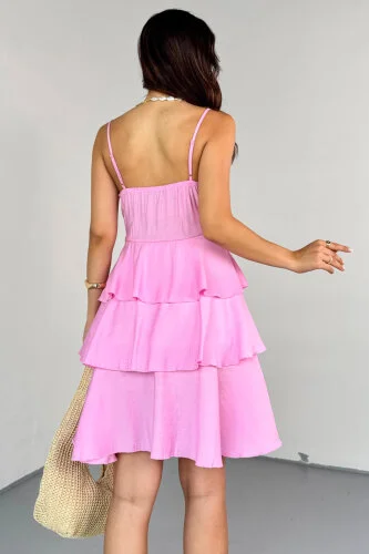 ELB-0566 Pembe Kat Kat Volanlı Ayarlanabilir Askılı Keten Elbise - 5