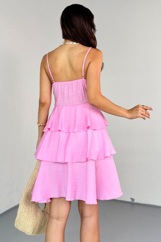ELB-0566 Pembe Kat Kat Volanlı Ayarlanabilir Askılı Keten Elbise - 5