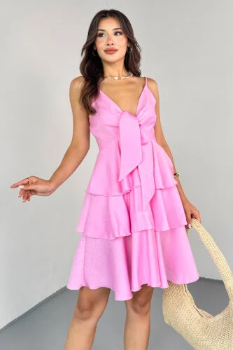 ELB-0566 Pembe Kat Kat Volanlı Ayarlanabilir Askılı Keten Elbise 