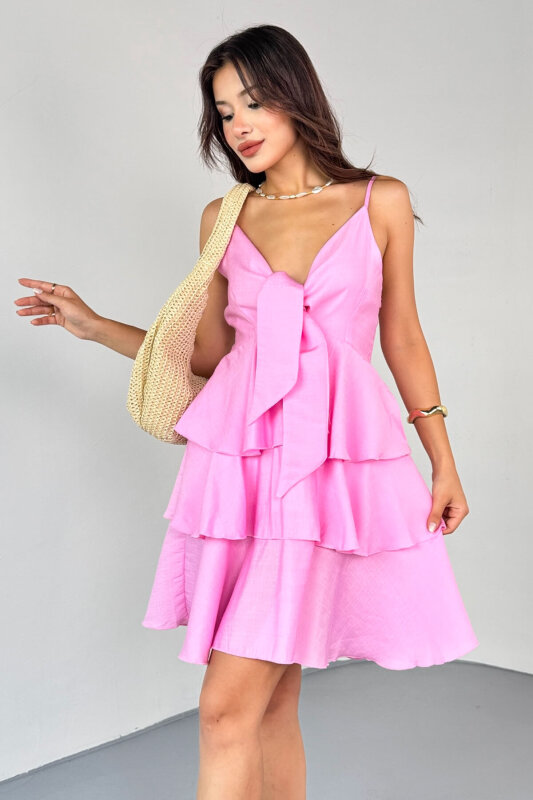 ELB-0566 Pembe Kat Kat Volanlı Ayarlanabilir Askılı Keten Elbise - 6