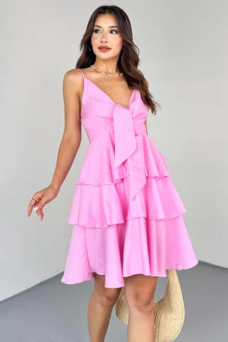 ELB-0566 Pembe Kat Kat Volanlı Ayarlanabilir Askılı Keten Elbise - 7
