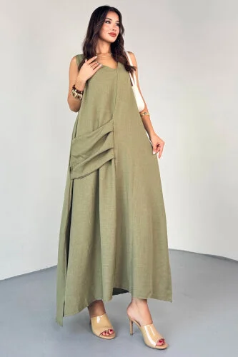 ELB-3078 Haki Asimetrik Yaka Yan Yırtmaçlı Cepli Uzun Yazlık Elbise - 7