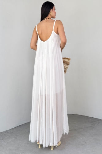 ELB-3173 Beyaz Askılı Astarlı Midi Boy Elbise - 6