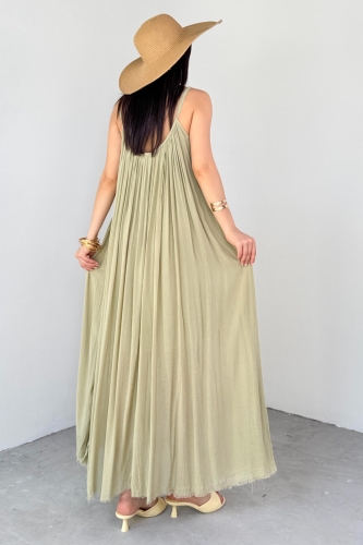 ELB-3173 Haki Askılı Astarlı Midi Boy Elbise - 3