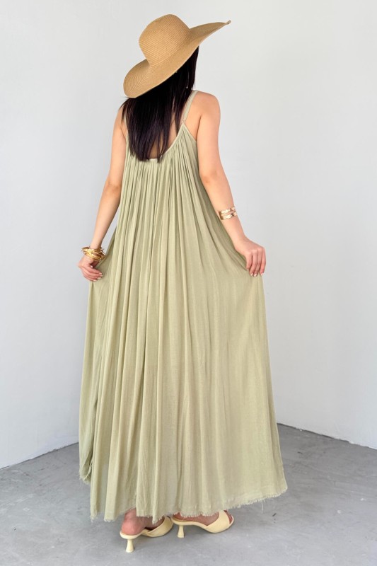 ELB-3173 Haki Askılı Astarlı Midi Boy Elbise - 3