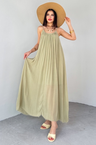 ELB-3173 Haki Askılı Astarlı Midi Boy Elbise - 1