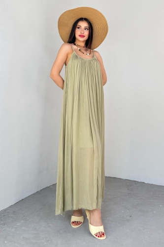 ELB-3173 Haki Askılı Astarlı Midi Boy Elbise - 5