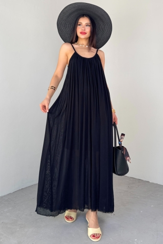ELB-3173 Siyah Askılı Astarlı Midi Boy Elbise - 2