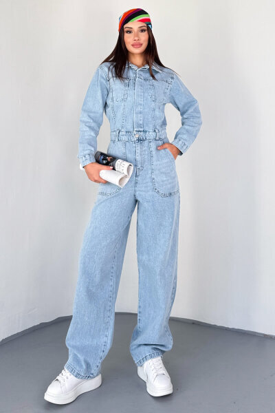 ELB-3613 Açık Mavi Bel Detaylı Uzun Kol Denim Tulum - 5