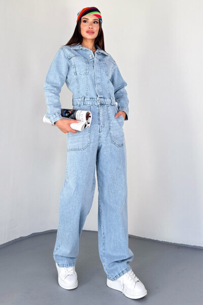 ELB-3613 Açık Mavi Bel Detaylı Uzun Kol Denim Tulum - 6