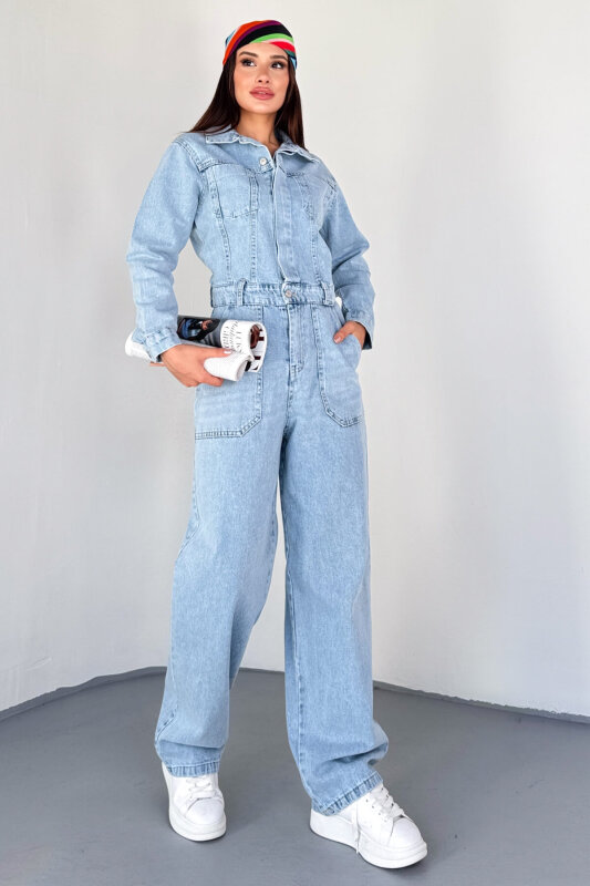 ELB-3613 Açık Mavi Bel Detaylı Uzun Kol Denim Tulum - 6