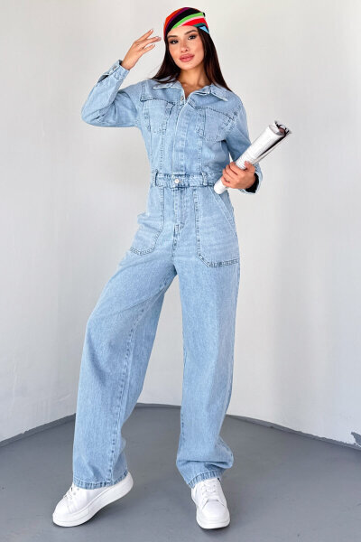 ELB-3613 Açık Mavi Bel Detaylı Uzun Kol Denim Tulum - 7