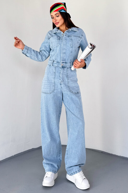 ELB-3613 Açık Mavi Bel Detaylı Uzun Kol Denim Tulum - 1
