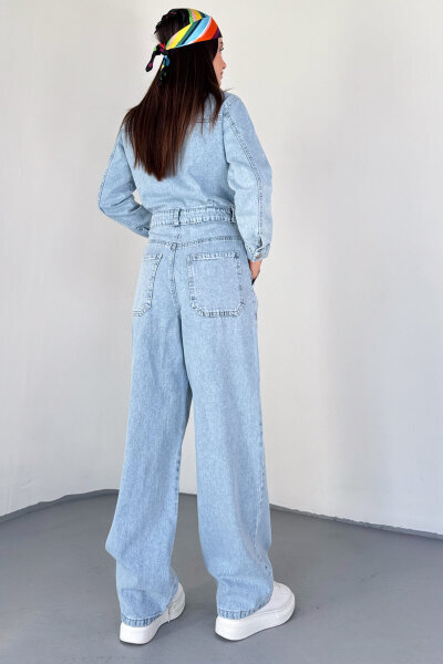 ELB-3613 Açık Mavi Bel Detaylı Uzun Kol Denim Tulum - 4