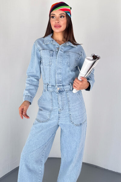 ELB-3613 Açık Mavi Bel Detaylı Uzun Kol Denim Tulum - 2