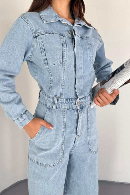 ELB-3613 Açık Mavi Bel Detaylı Uzun Kol Denim Tulum - 3