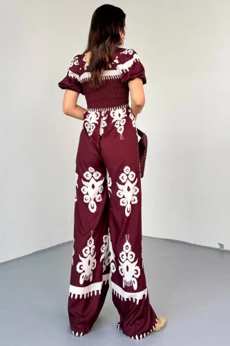ELB-4142 Bordo Desenli Balon Kol Raba Gipeli Soft Tulum - 5