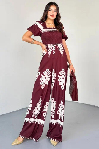 ELB-4142 Bordo Desenli Balon Kol Raba Gipeli Soft Tulum - 6