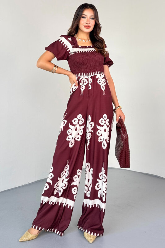 ELB-4142 Bordo Desenli Balon Kol Raba Gipeli Soft Tulum - 6