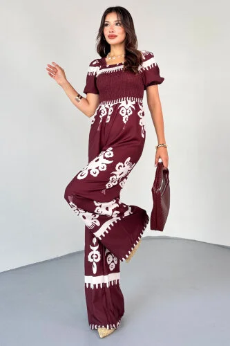 ELB-4142 Bordo Desenli Balon Kol Raba Gipeli Soft Tulum - 7