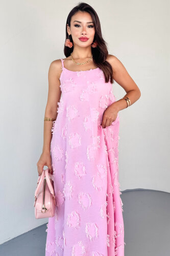 ELB-4148 Pembe Püskül Dokulu Askılı Yazlık Dokuma Elbise - 2
