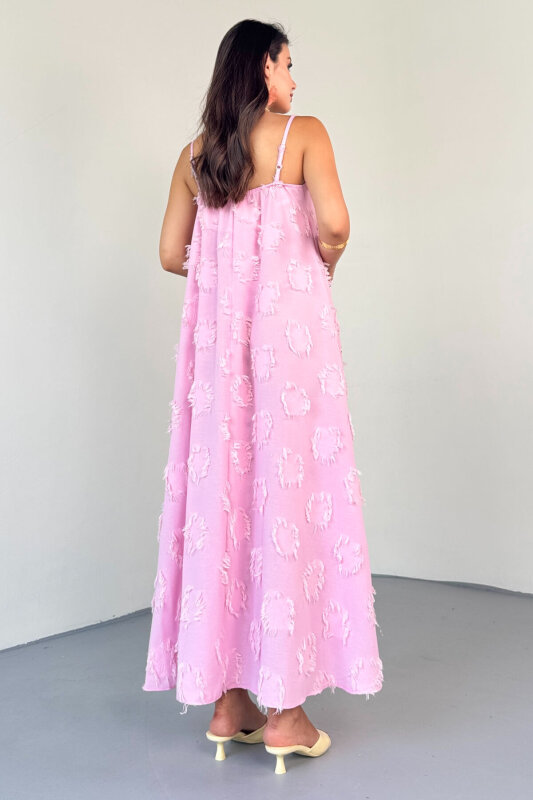 ELB-4148 Pembe Püskül Dokulu Askılı Yazlık Dokuma Elbise - 4