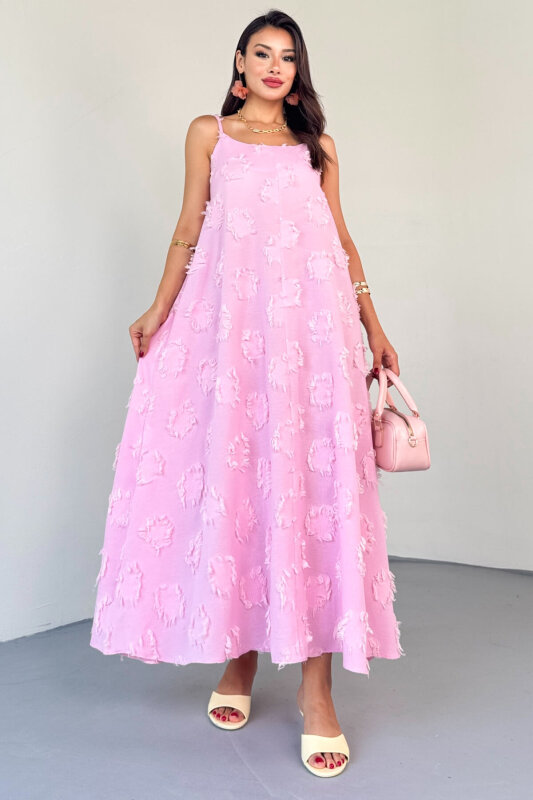 ELB-4148 Pembe Püskül Dokulu Askılı Yazlık Dokuma Elbise - 6